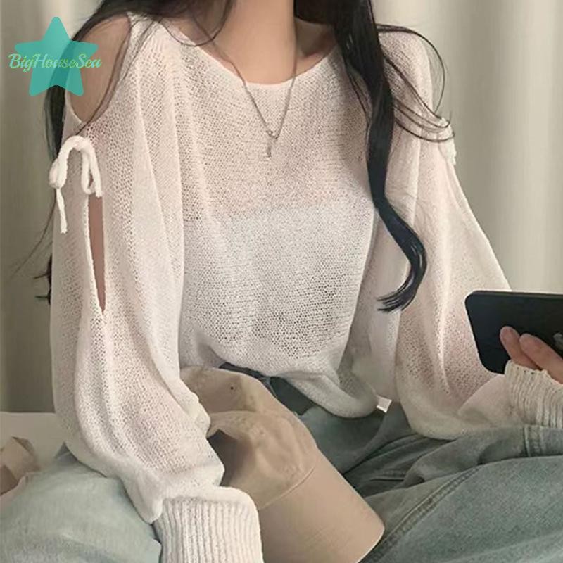 [BigHouseSea] เสื้อโคร่งลายเกาหลีแขนยาวเปิดไหล่สำหรับผู้หญิงใหม่ สวมใส่สบาย