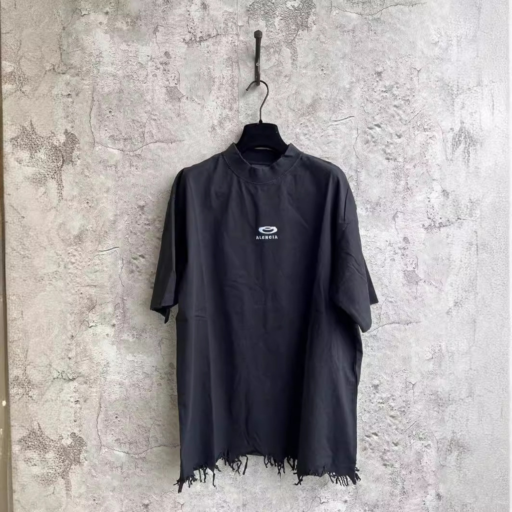 OK7X BALEN*CIA'''' 24ss Double Ring Letter Embroidery Short Sleeve Hem Destroyed Frayed Ripped Unise