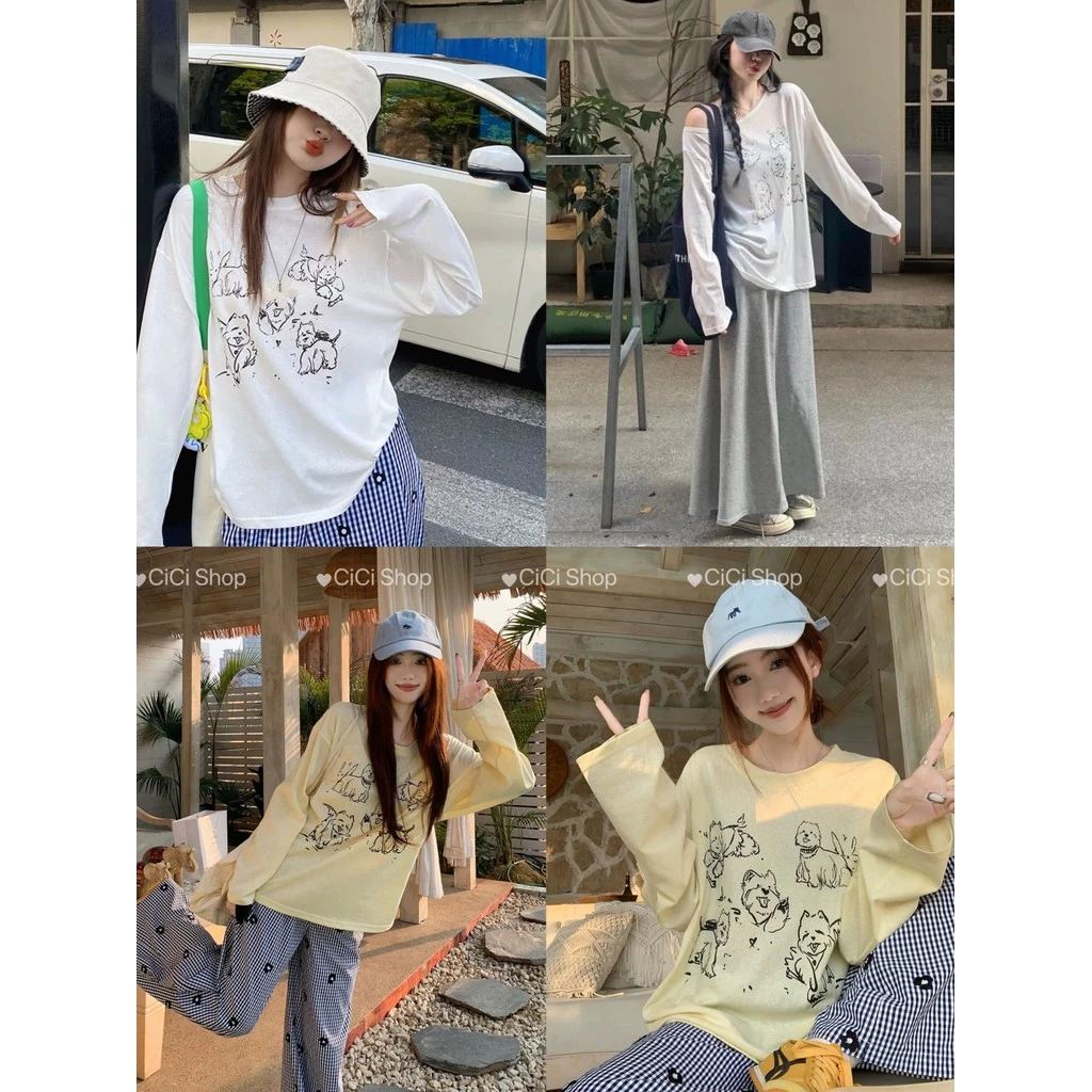 Cicishop(CM2098) เสื้อคอกลมแขนยาวทรงโอเวอร์ไซส์ พิมพ์ลายน้องหมาสีสดใส ใส่คลุมหน้าร้อนผ้าบางใส่สบาย