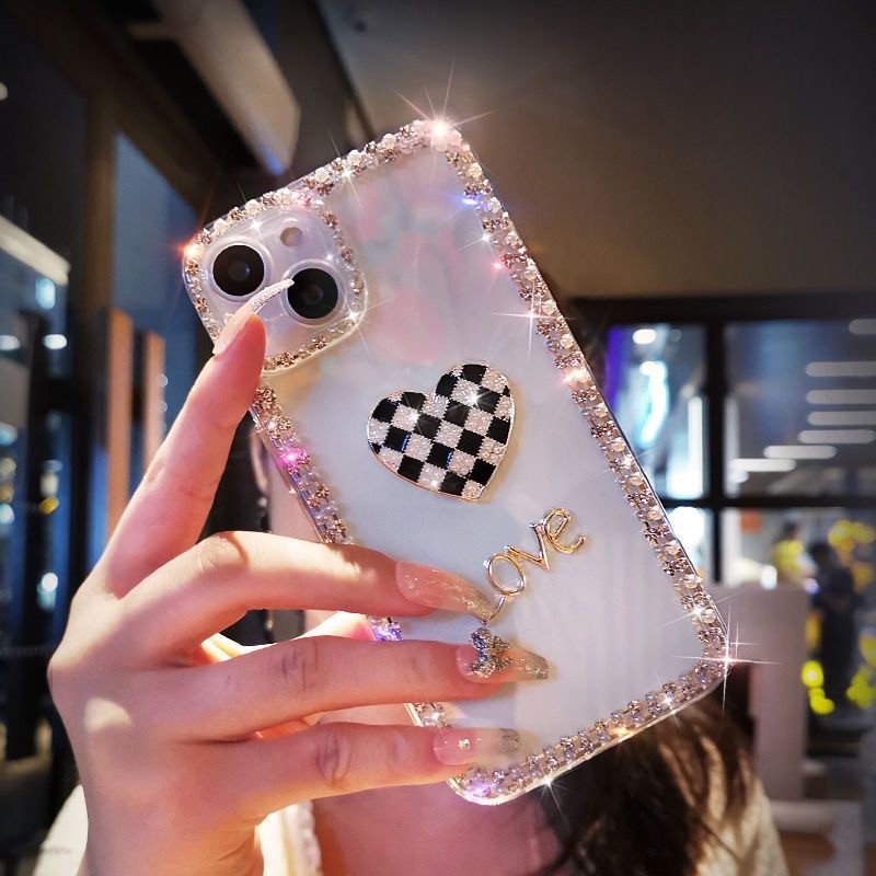 เคสโทรศัพท์สําหรับ XiaoMi Redmi Note15Pro 14 13 Pro 12Pro 13C 12C Note11S 10C A5 Note10 9pro 9A Luxury rhinestone edge เพชรกระดานหมากรุกรัก