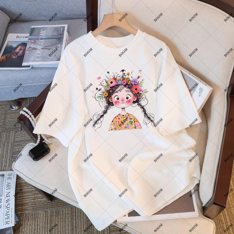 🔥 ยอดนิยมเกาหลี ins🔥 100% Cotton T-shirt พิมพ์การ์ตูนแขนสั้นผ้าฝ้ายสีขาวเสื้อยืดผู้หญิงฤดูร้อนหลวมครึ่งแขน