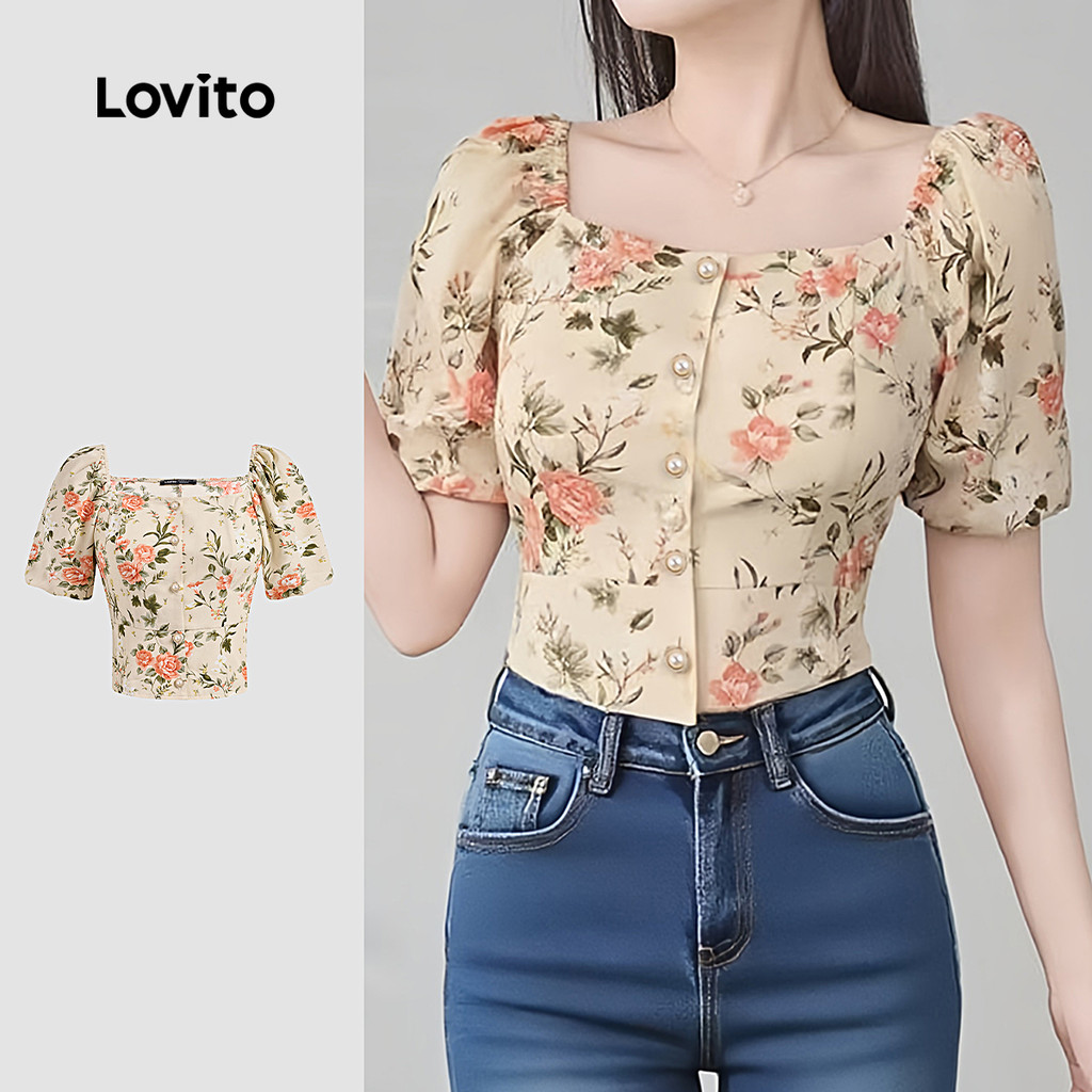(New) Lovito เสื้อบ๊อฮ์ปุ่มด้านหน้า เสื้อผ้าสำหรับผู้หญิงฤดูใบไม้ผลิ/ฤดูร้อน L142ED279