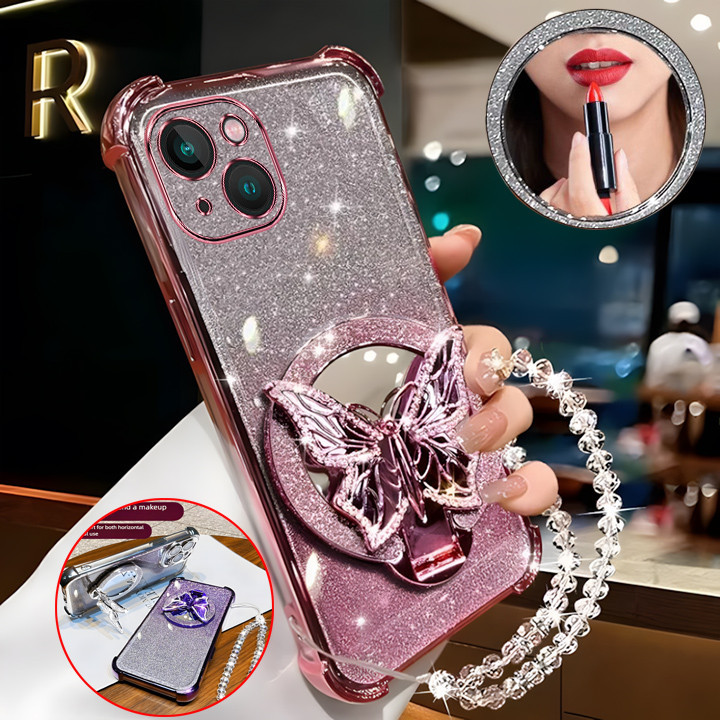 กรณีสําหรับ ไอโฟน 13 มินิ 13 14 15 14 บวก 15 บวก เคสโทรศัพท์ประกายแป้งสี่มุมเปลือกนิ่มป้องกันการตกผีเสื้อกระจกแต่งหน้า