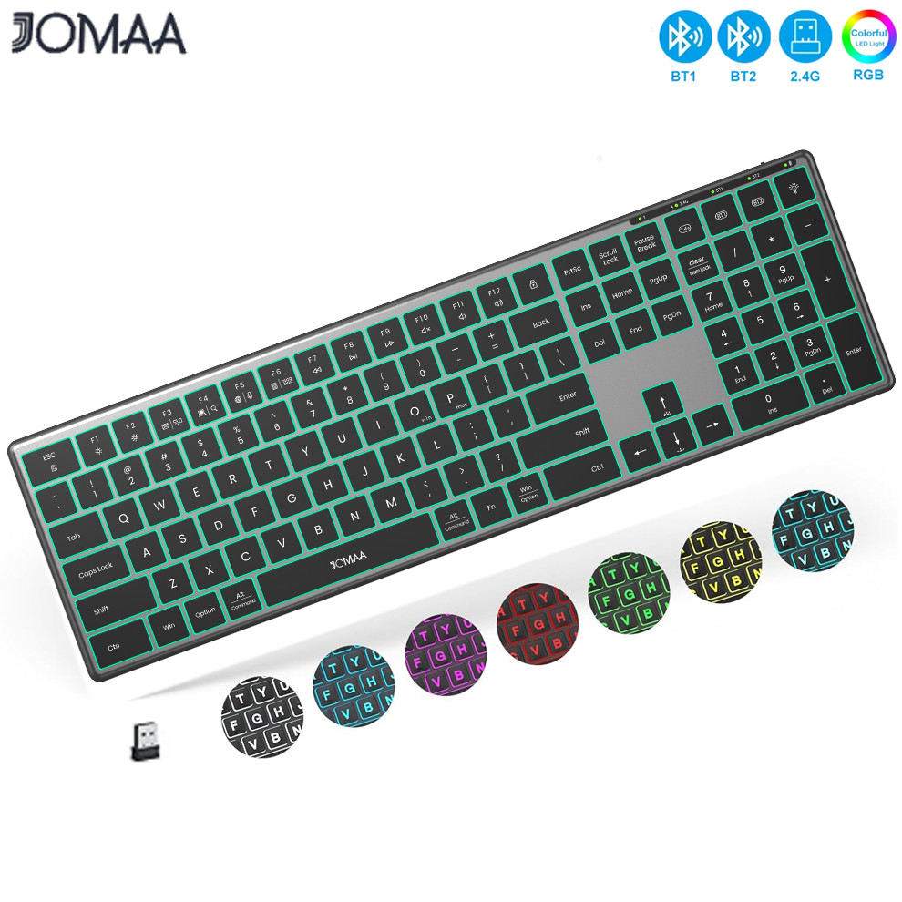 JOMAA RGB บลูทูธไร้สายคีย์บอร์ดอลูมิเนียมอัลลอยด์ขนาดเต็ม USB เงียบคลิกคีย์บอร์ดสําหรับ Macbook WIndows IOS
