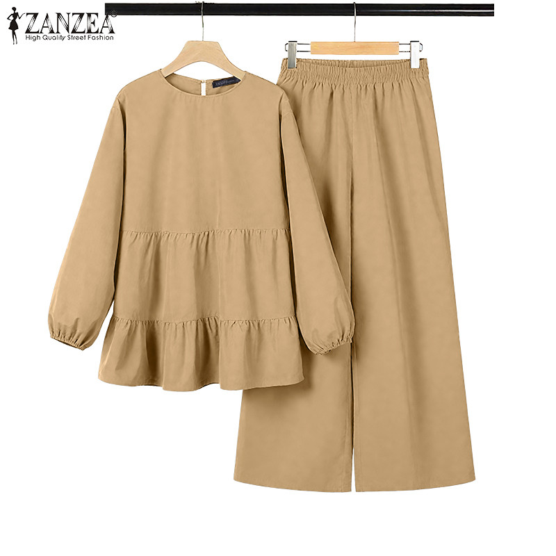 ZANZEA ซานเซีย ผู้หญิงเกาหลีลําลองรอบคอแขนโคมไฟเอวยางยืดขากว้างชุดสองชิ้น