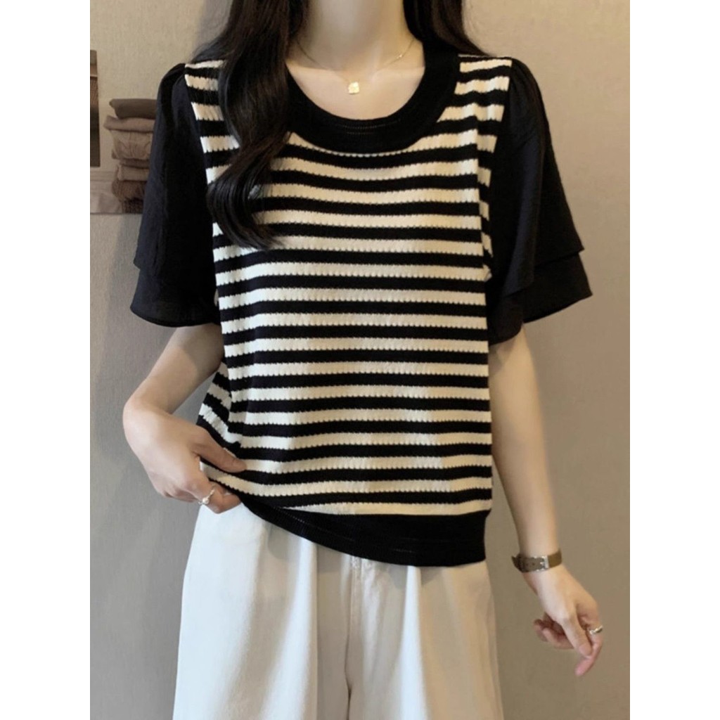 ส่งไวจากไทย Summer M-4XL ชีฟองลายเสื้อยืดพลัสขนาดแขนสั้นผู้หญิงแขนสั้นด้านบนฤดูร้อนเกาหลีสุภาพสตรีสวยหลวม