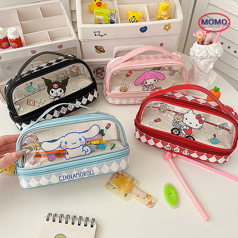 Momo การ์ตูน Sanrio Cinnamoroll ดินสอ Hello Kitty เครื่องเขียนขนาดใหญ่ความจุ Double-Deck ปากกา Kuromi ดินสอกระเป๋าเด็กของขวัญใหม่