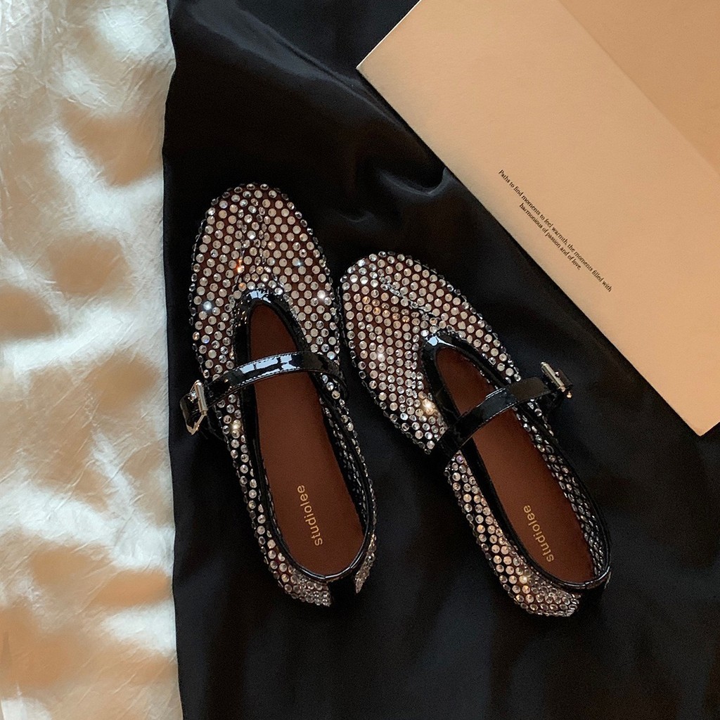 Sparkling Rhinestones One Word Buckle Strap Shallow Mouth Mary Jane Shoes Female
