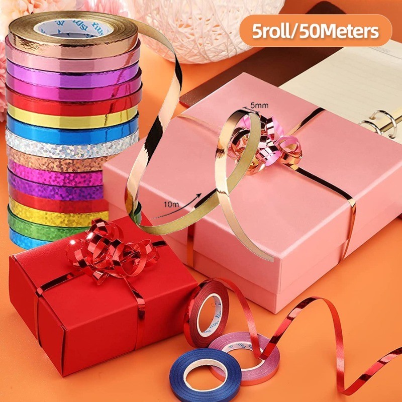 5ม้วนม้วนริบบิ้น,5สีบอลลูนริบบิ้นห่อของขวัญริบบิ้นสําหรับงานฝีมือ,โลหะบอลลูนสตริงม้วนสําหรับงานแต่งงานวาเลนไทน์ดอกไม้เทศกาลศิลปะหัตถกรรมตกแ