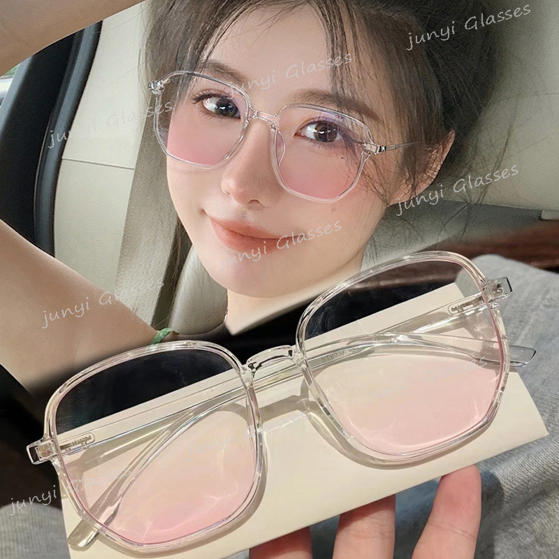 เวอร์ชั่นเกาหลีแว่นตาปัดแก้มสําหรับผู้หญิงไล่โทนสีสีชมพูโปร่งใสสแควร์แว่นกันแดดย้อนยุค