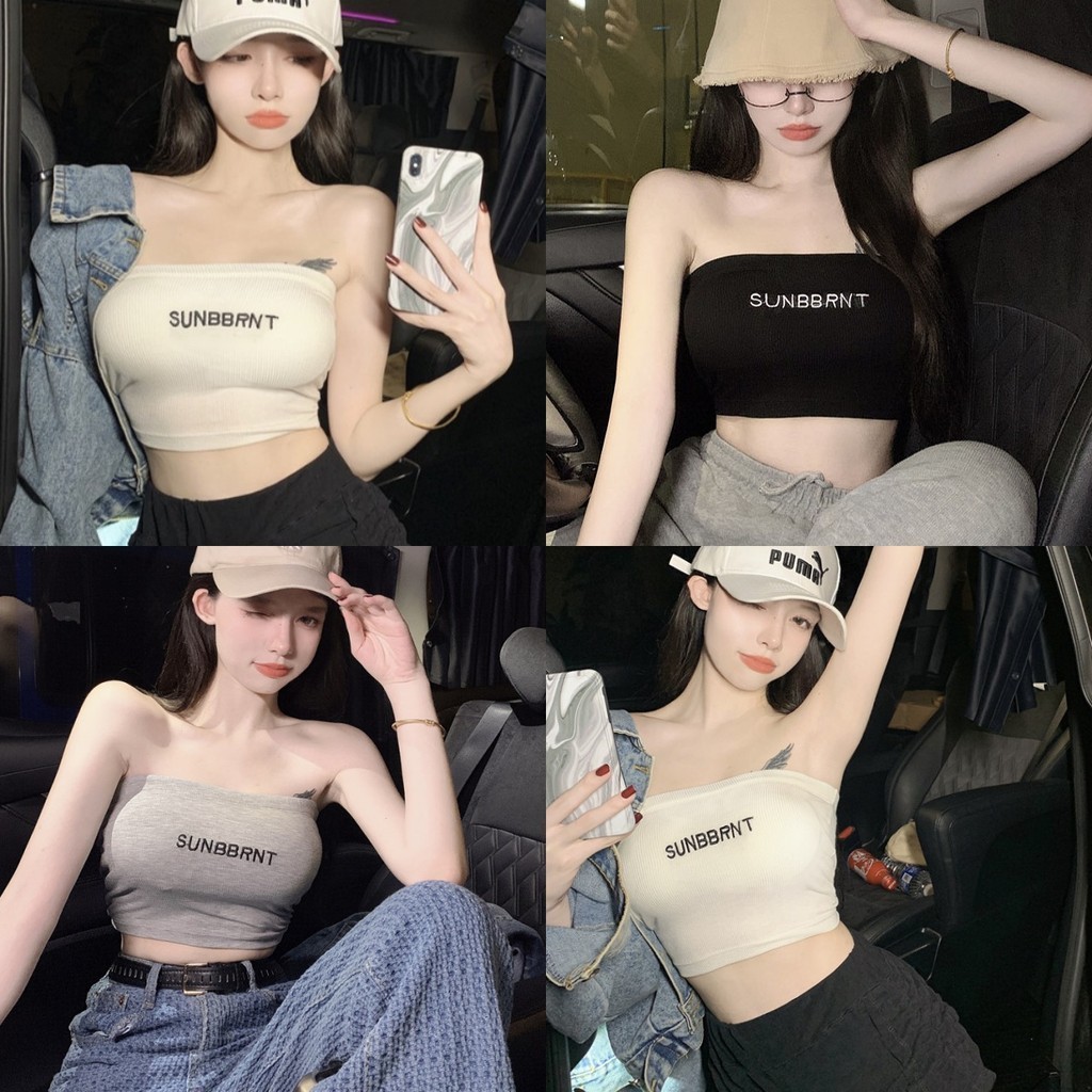 Soroh เกาะอก แขนกุด ครอปปาดไหล่ เข้ารูป ผ้าร่องยืด เสื้อเกาะอก เข้ากับทุกการแต่งกาย ##FY4832