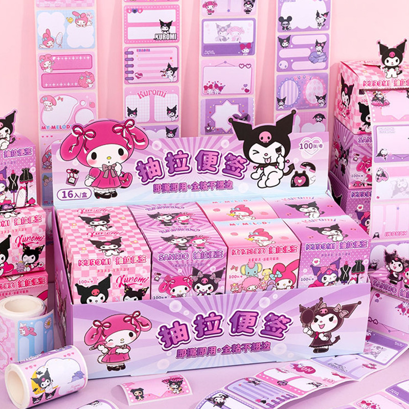 100 ชิ้นการ์ตูน Sanrio Pull-out สะดวกชุดสติกเกอร์น่ารัก Kuromi Mymelody Tearable Sticky Notes DIY Journal สติกเกอร์ตกแต่ง
