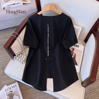 M-4xl แฟชั่น V คอเสื้อยืดผู้หญิงขนาดใหญ่กลับ Slit แขนสั้นเกาหลีรุ่นหลวม Slimmer ดูฝาครอบ