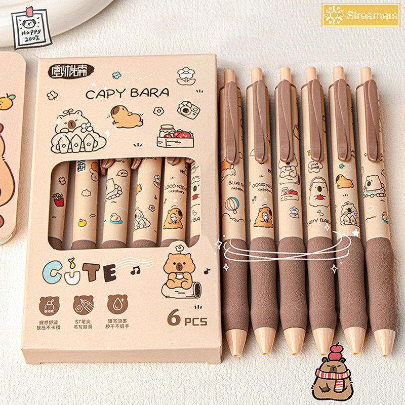 {Streamers} 6 ชิ้น Kawaii การ์ตูน Capybara ปากกาเจล Quick-Drying Neutral ปากกา Wrig Smooth ปากกาอุปกรณ์สํานักงานน่ารักเครื่องเขียนของขวัญใหม่