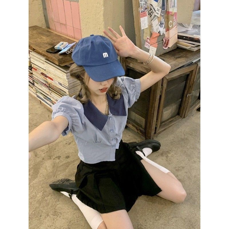 Amber~เสื้อเชิ้ต รุ่นสั้น ความรู้สึกของการออกแบบ เวอร์ชั่นเกาหลี สไตล์แฟชั่น