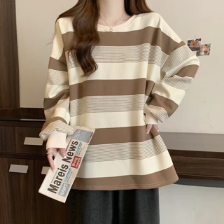 Retro ลายเสื้อยืดผู้หญิง 2026 หลวม Slimmer ดู Preppy สไตล์แขนยาว