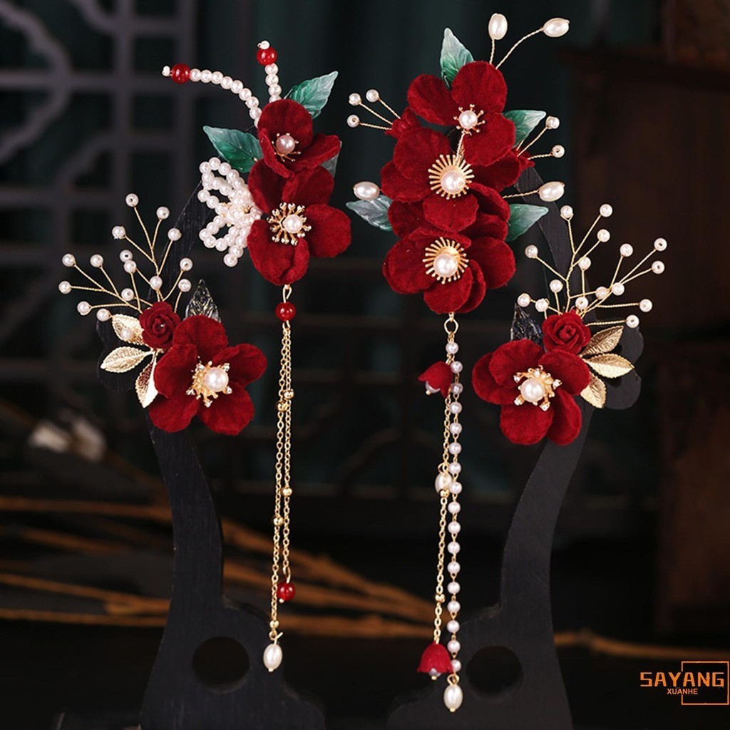 【พร้อมส่ง】ดอกไม้สีแดงโบราณผม Pins อารมณ์ Stable Grip ดอกไม้ Headpiece
