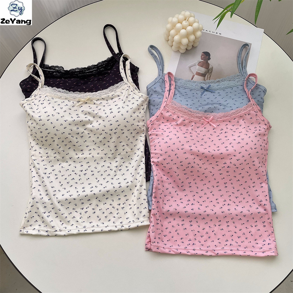 [ZY] 40-68 กก. พร้อมสต็อกสุภาพสตรีผ้าไหมน้ําแข็ง Camisole พร้อมแผ่นรองหน้าอกชุดชั้นในด้านใน Bottoming เสื้อ All-Match สวยกลับด้านบนแขนกุดด้านบน