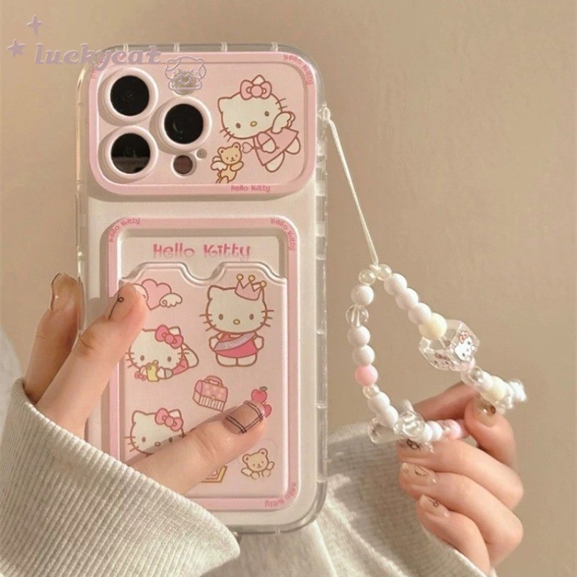 Iphone 15 14 13 12 11 Pro Max X Xr Xs Max 7 8 Plus SE2020 เคสโทรศัพท์การ์ตูนน่ารักสีชมพู KT Cat Clear Card + Lanyard Soft Phone Cover