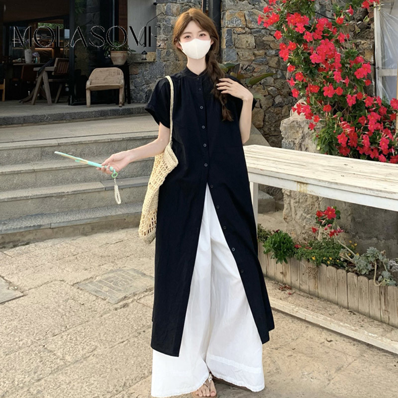 Molasome ผู้หญิง 2024 แฟชั่นสีทึบคอกลมแขนสั้น Slim Fit Slit All Match Top