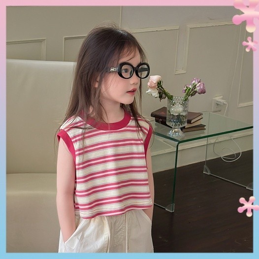 Girls Fashionable Sweet Series Fashion Striped Short StyleTT Shirt Children's Summer New Sleeveless Outer Vest Top