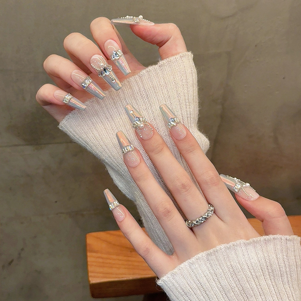 100% handmade เล็บประดิษฐ์ยาว Aurora Fresh Diamond Phototherapy Press ON nails เล็บที่นำกลับมาใช้ใหม่ได้และถอดออกได้พร้อมชุดเครื่องมือ