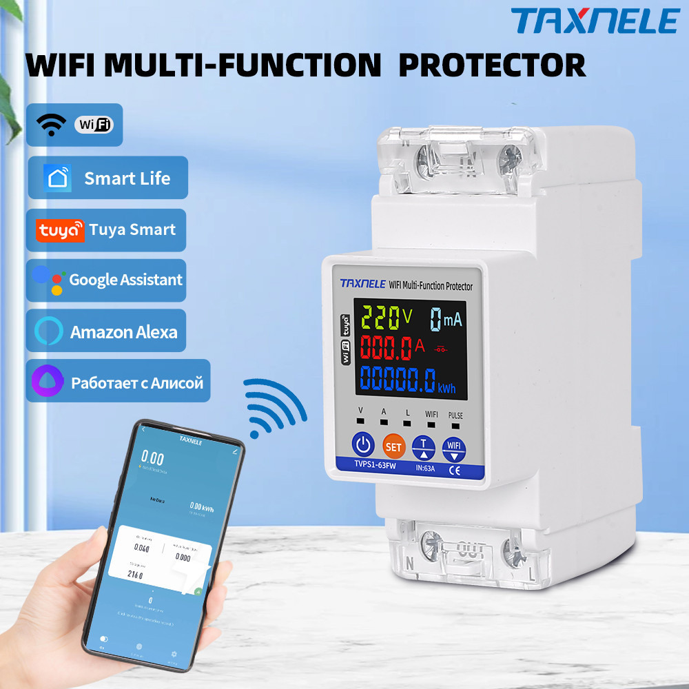 Taxnele 63A WIFI Tuya Energy Meter Kwh Metering แรงดันไฟฟ้า Current Earth ป้องกันการรั่วไหล Smart Li