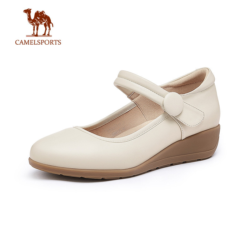 CAMEL SPORTS Cowhide Mary Jane Shoes Wedge Heel หนังแท้ Single All-Match Small