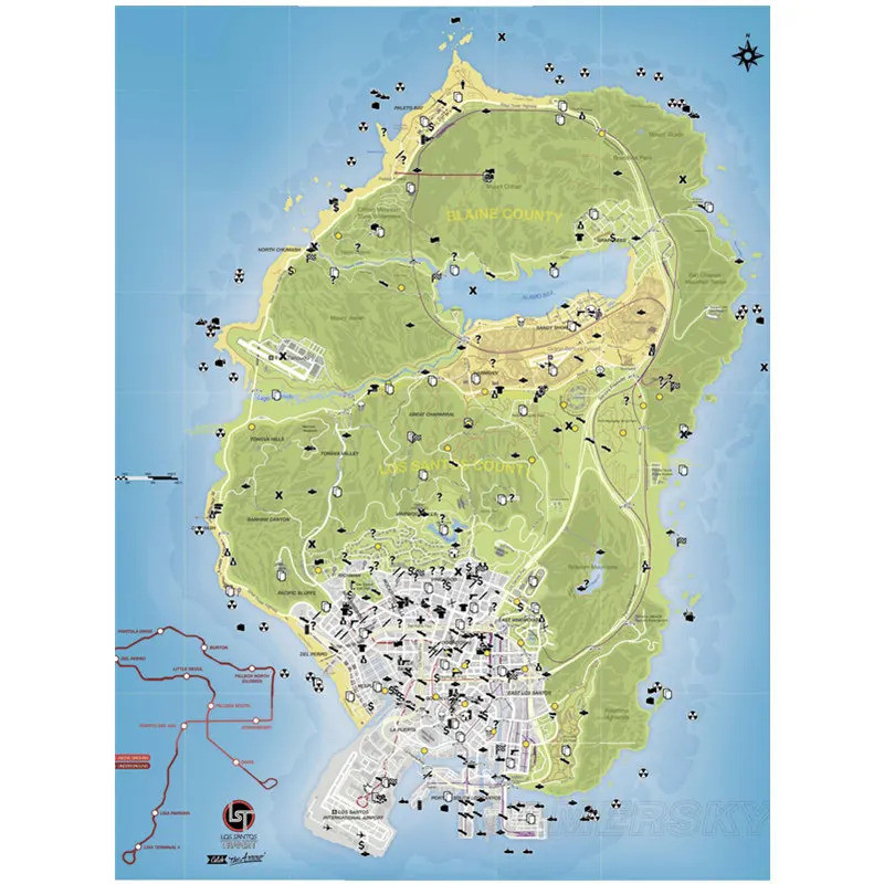 Gta5 โปสเตอร์ Grand Theft Auto แผนที่วิดีโอเกมโปสเตอร์ผ้าใบภาพวาดผนังตกแต่งสติ๊กเกอร์ตกแต่งบ้านภาพวาด TPDN