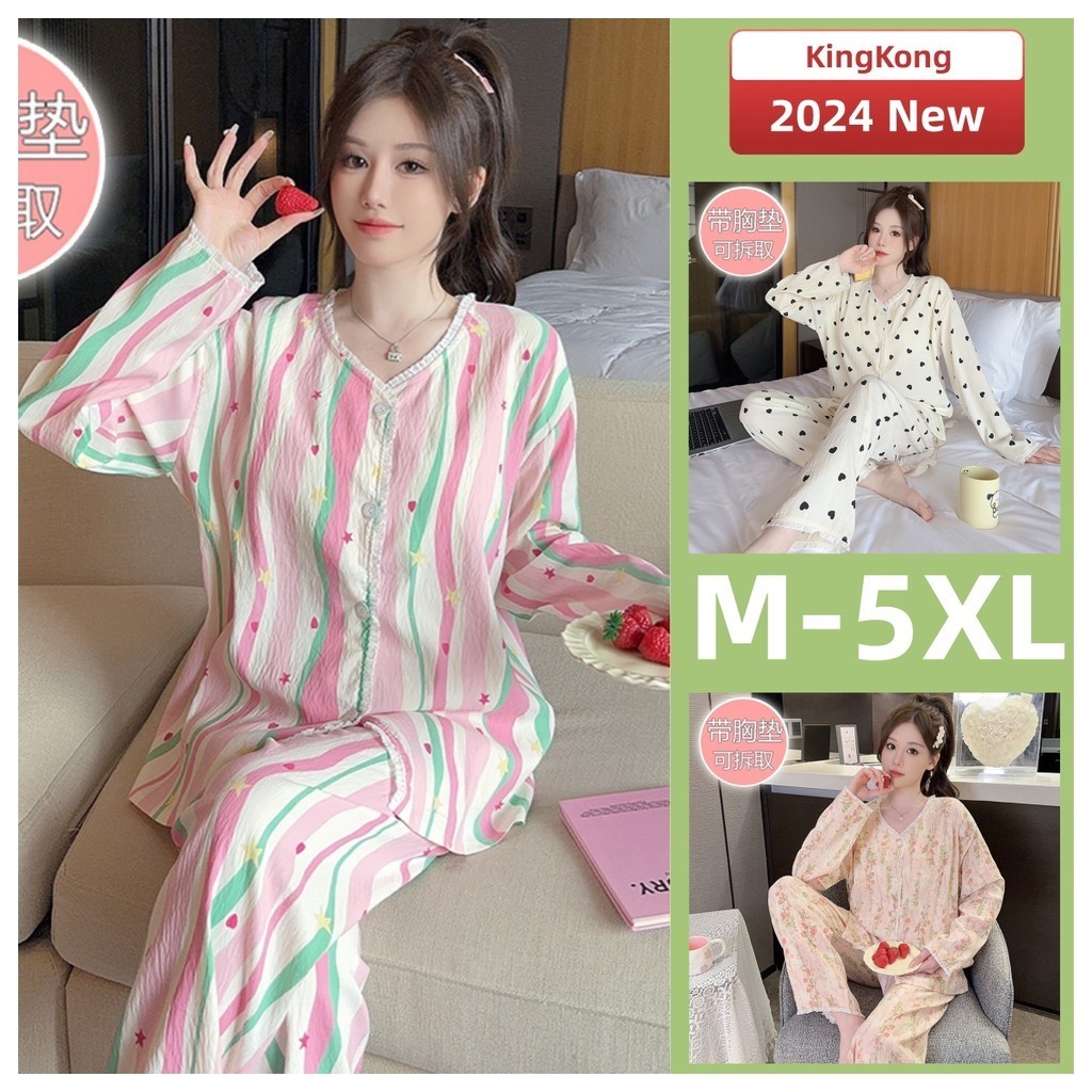 Plus ขนาดชุดนอนผู้หญิง M-5XL ชุดนอนเบาะผู้หญิงผ้าฝ้ายฤดูใบไม้ร่วงแขนยาวชุดนอนชุด Polka Dots Stripe พร้อมแผ่นหน้าอกสวมใส่
