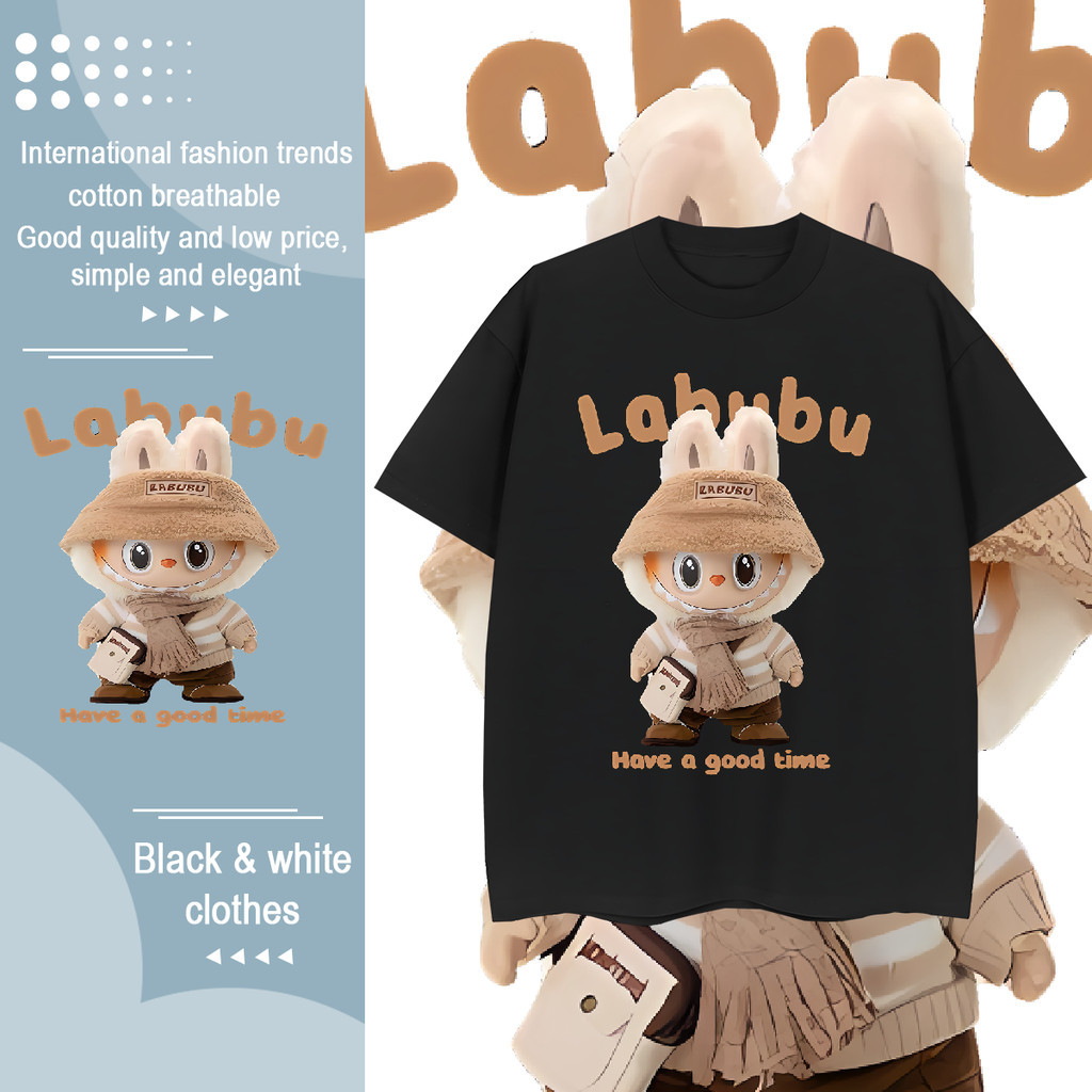 LABUBU บับเบิลมาร์ท ขาวดำ คอกลม แขนสั้น การ์ตูน ป๊อปมาร์ท การพิมพ์ เสื้อยืด ชุดคู่ เสื้อผ้า
