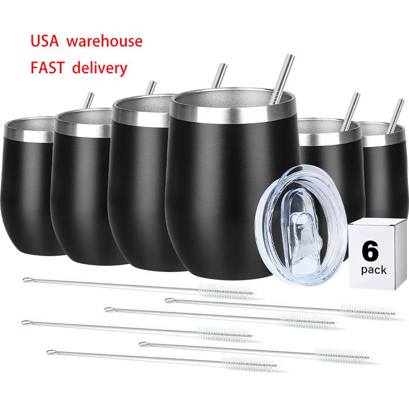 USA warehouse（6 Pack） 12oz Wine Coffee Tumbler With Lid And Metal Straw Cup  Vacuum Insulated Double