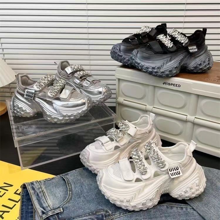 ของแท้หนังทุเรียนยางแต่เพียงผู้เดียวรองเท้าพ่อผู้หญิง 2024 Mary Jane รองเท้า Rhinestone หนาเก่ากีฬารองเท้าแตะลําลอง