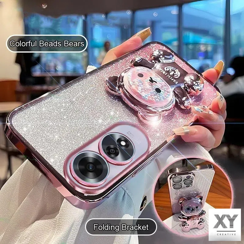 เคสโทรศัพท์ OPPO A60 A79 A18 A38 A58 A78 A98 วงเล็บหมุน 360 °เคสโทรศัพท์บรรเทาความเครียดที่มีสีสันลูกปัดหมีขาตั้งพับ เปลือกอ่อน เคส OPPO A60 A79 A18 A38 A58 A78 A98