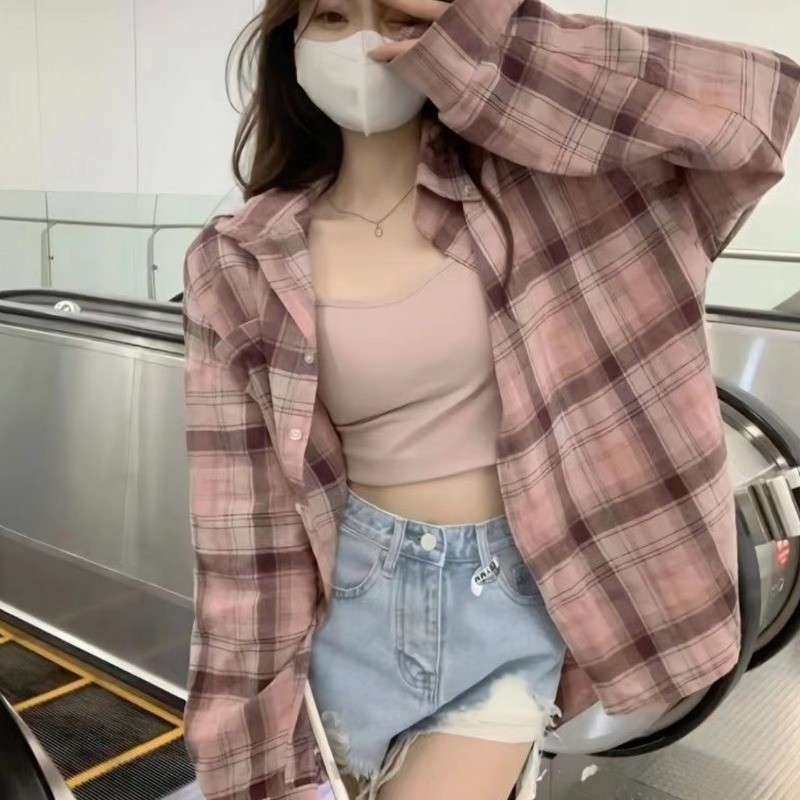 Crush เสื้อเชิ้ต แขนยาว วินเทจลายสก๊อต Oversize สไตล์สบาย ๆ หลวม ๆ เวอร์ชั่นเกาหลี