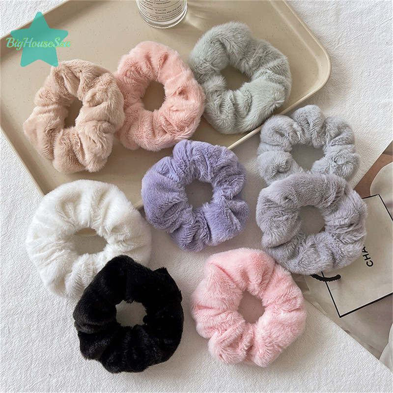[BigHouseSea] ฤดูหนาว Warm Soft Hair Scrunchies ผู้หญิงสาวน่ารักยางรัดผมยืดหยุ่นหลากสียางรัดใหม่
