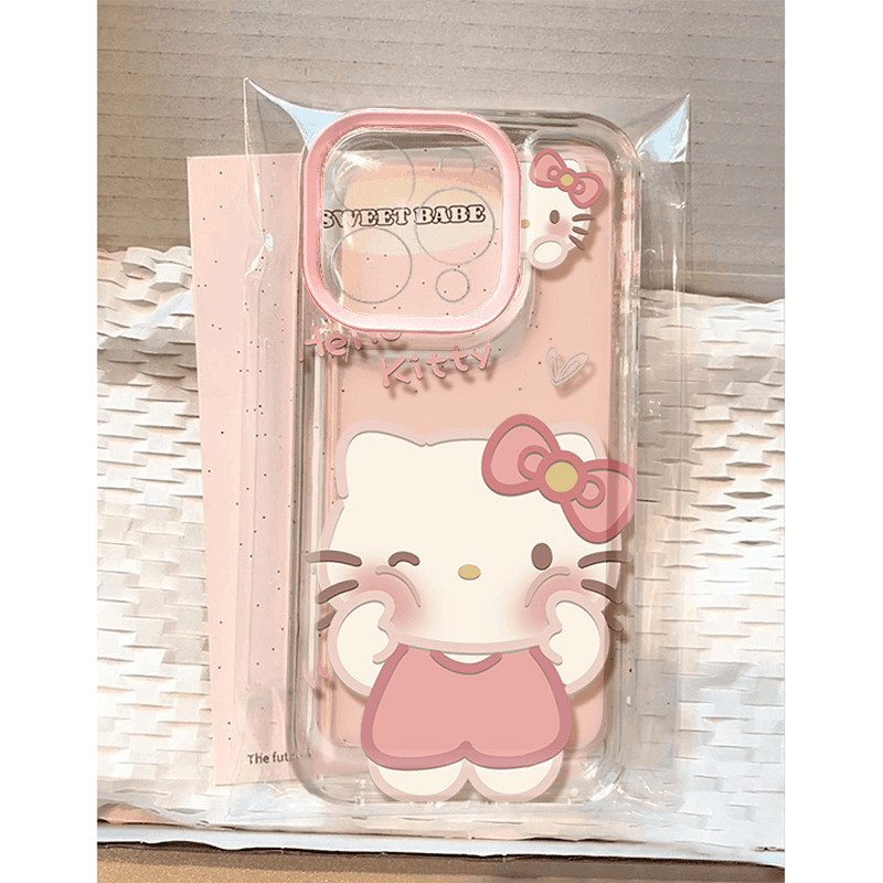 Ins น่ารักสีชมพูขี้อาย Hello Kitty ตลกนุ่มโปร่งใส Anti-Fall เคสโทรศัพท์สําหรับ iPhone 16 Promax 15 Promax 12 13 Mini 14plus 11 Pro Max X XS XR XS Max 7 8 plus Se2020 6G 6Plus