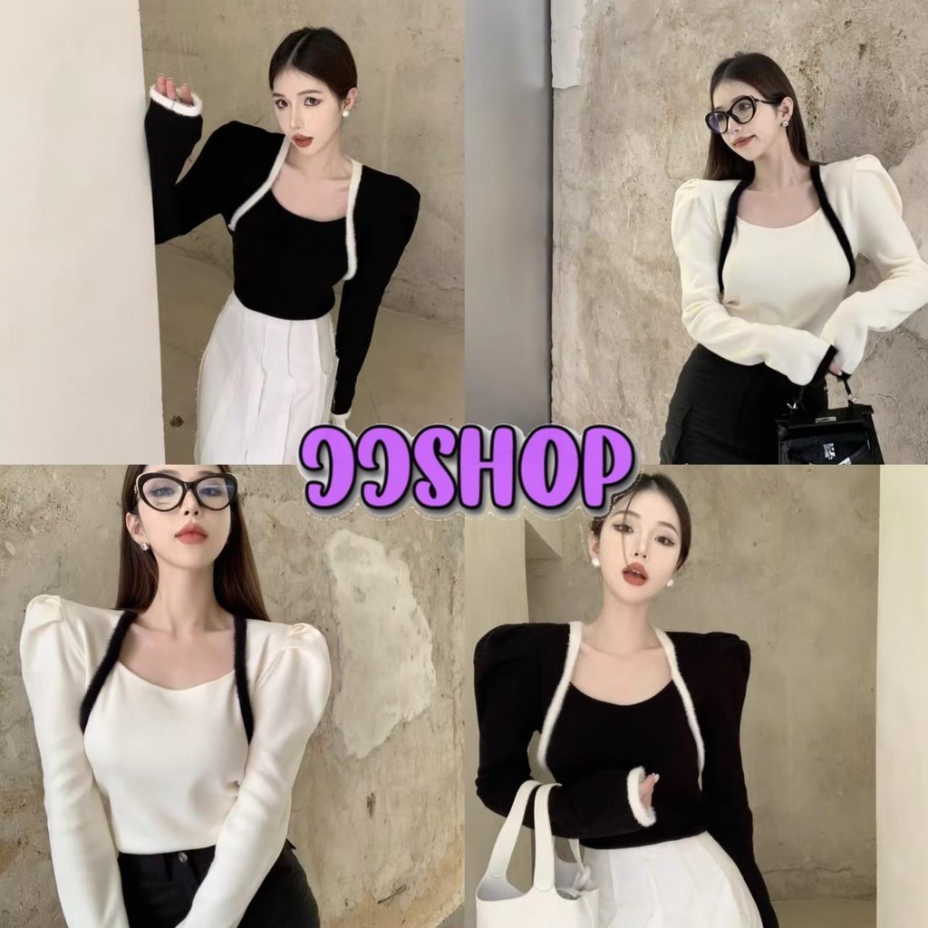 JJ Shop​💜​พร้อมส่ง เสื้อไหมพรมแขนยาวแขนพัฟ เนื้อผ้าร่อง "BK576" -C