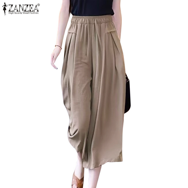 ZANZEA ใส่ ซานเซีย ผู้หญิงเกาหลีสบายๆ เชือกรูด เอวยางยืดหลวมกระเป๋ากางเกง