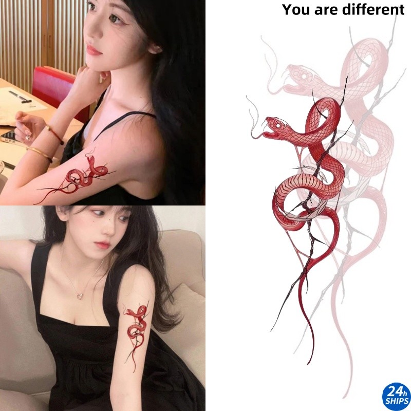 สีแดงฟอสฟอรัสงูรูปแบบน่ารักสาวแขนสักสติกเกอร์รอยสักกันน้ํายาวนาน7วันผิวสติกเกอร์ชั่วคราวสักปลอม