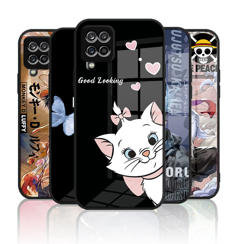 เคสกระจก Samsung galaxy A12 A22 4g A42 เคสกระจกนิรภัยฮาร์ดฝาหลังขอบซิลิคอนอ่อน