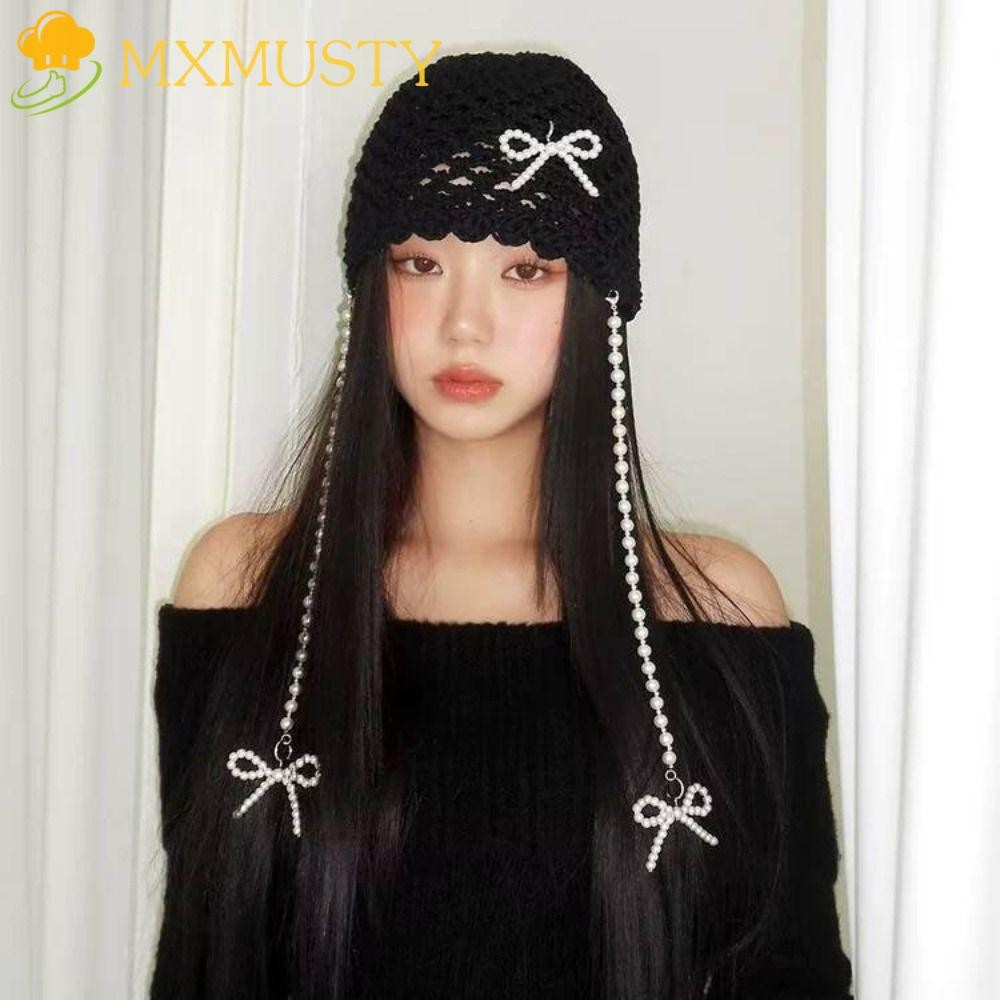 Mxmusty ที่ถอดออกได้โบว์ หมวกไหมพรม หมวก,กลวงออกแฮนด์เมดมุกพู่ถักหมวก,ย้อนยุคขนสัตว์สานอบอุ่นถักเสื้อสวมหัวหมวกสาว