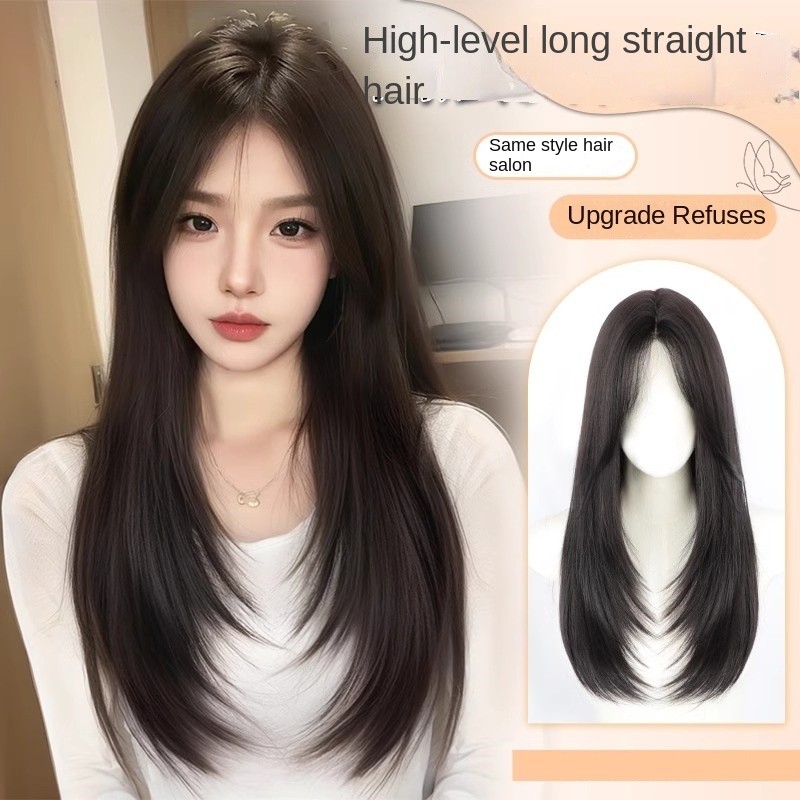 วิกผมหญิงเต็มหมวกยาวตรงผมจําลองผมกระดูกไหปลาร้าเต็มด้านบนไม่มีรอยต่อธรรมชาติระดับกลางแปด @