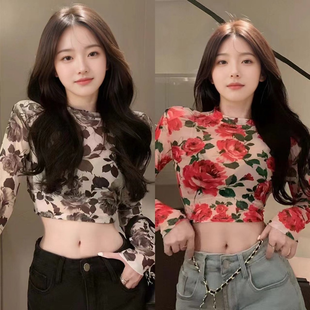 สวมใส่สบายและดูดี! เสื้อยืดแขนยาวผู้หญิงสไตล์เกาหลี ลายดอกไม้ย้อนยุค ผ้านุ่มเย็นสบาย ที่เพิ่มความเป็นเอกลักษณ์ให้กับคุณ!