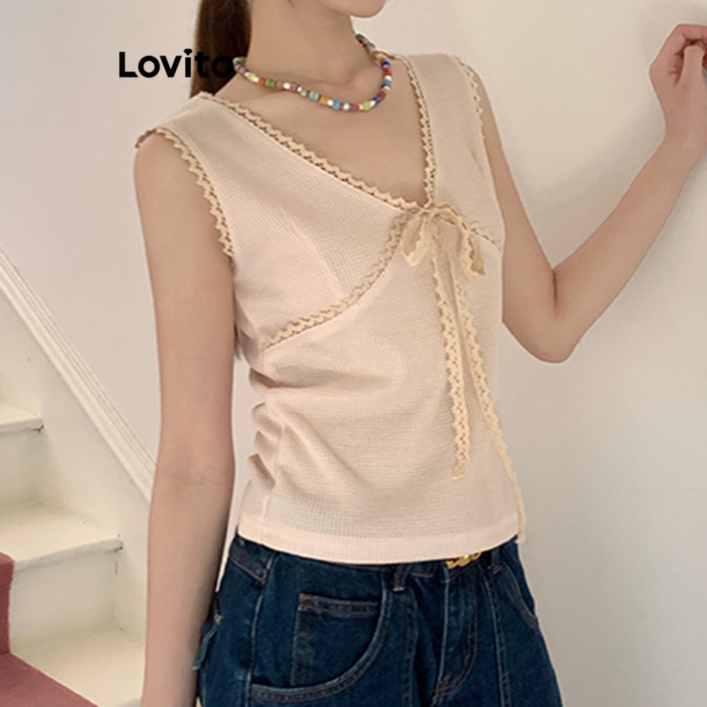 Lovito เสื้อกล้ามลูกไม้ด้านหน้าผูกธรรมดาสำหรับผู้หญิง LNE75253