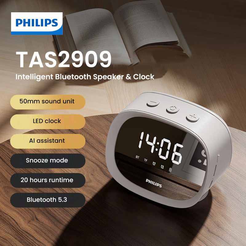 Philips TAS2909 ลําโพงไร้สายบลูทูธสมาร์ทนาฬิกาปลุกการ์ดลําโพงตั้งโต๊ะมัลติฟังก์ชั่น