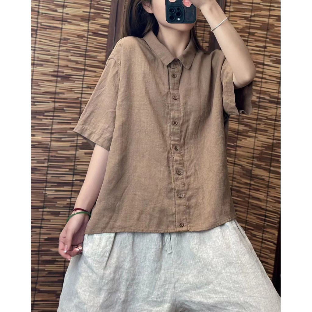 เสื้อเชิ้ตแขนสั้นคอปกผ้าฝ้ายและผ้าลินินสำหรับผู้หญิงเสื้อใส่แล้วดูผอมกระดุมแถวเดียวทรงหลวม