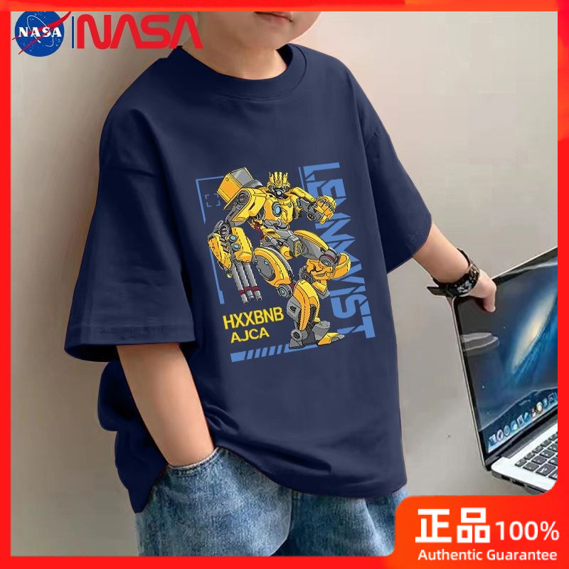 [HM] เสื้อเด็กแขนสั้นพิมพ์ลายผ้า Bumblebee ผ้าฝ้ายแท้สำหรับเด็กผู้ชายเสื้อทีเชิ้ตทรงหลวมสำหรับเด็กวัยกลางและเด็กโต
