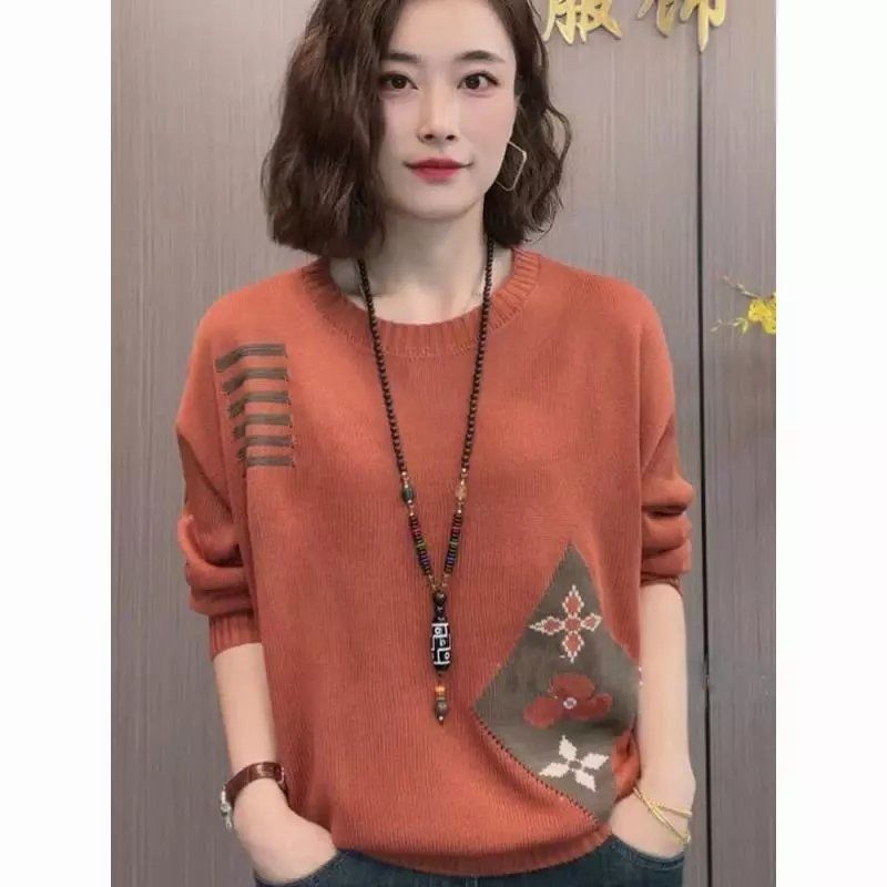 2025 เสื้อถักแขนยาวคอกลม ผ้าแจ็คการ์ด ระดับไฮเอนด์แฟชั่นสตรี