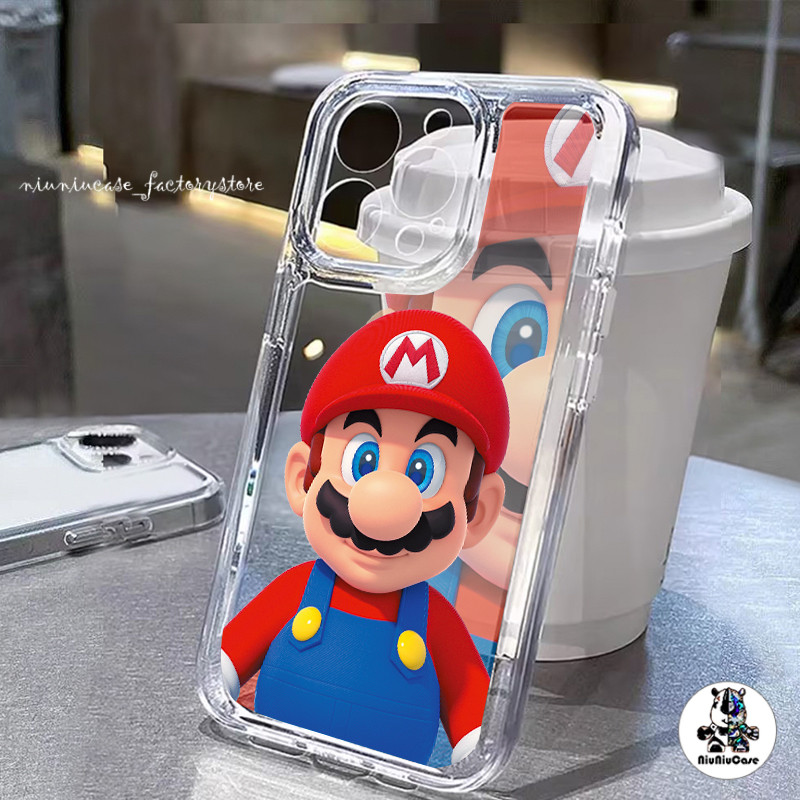 เคสโทรศัพท์ For iPhone 11 12 13 14 15 Pro Max X XR XS Max 7 Plus เคส กันกระแทก Mario รูปแบบการ์ตูน โปร่งใส เปลือกอวกาศ